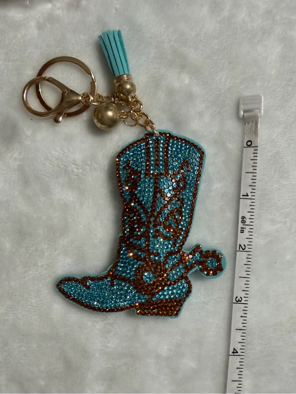 Turquoise Rhinestone Cowboy Boot Keychain with Tassel